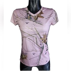 Mossy Oak Pink Fall Leaves Print T Shirt M
